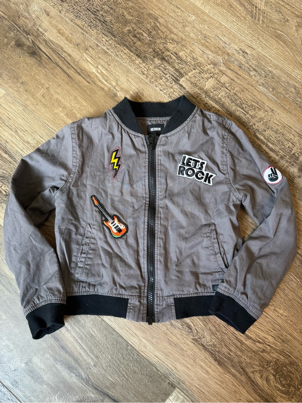 Hudson Baby Gray 'Let's Rock' Patch Bomber Jacket with Black Trim